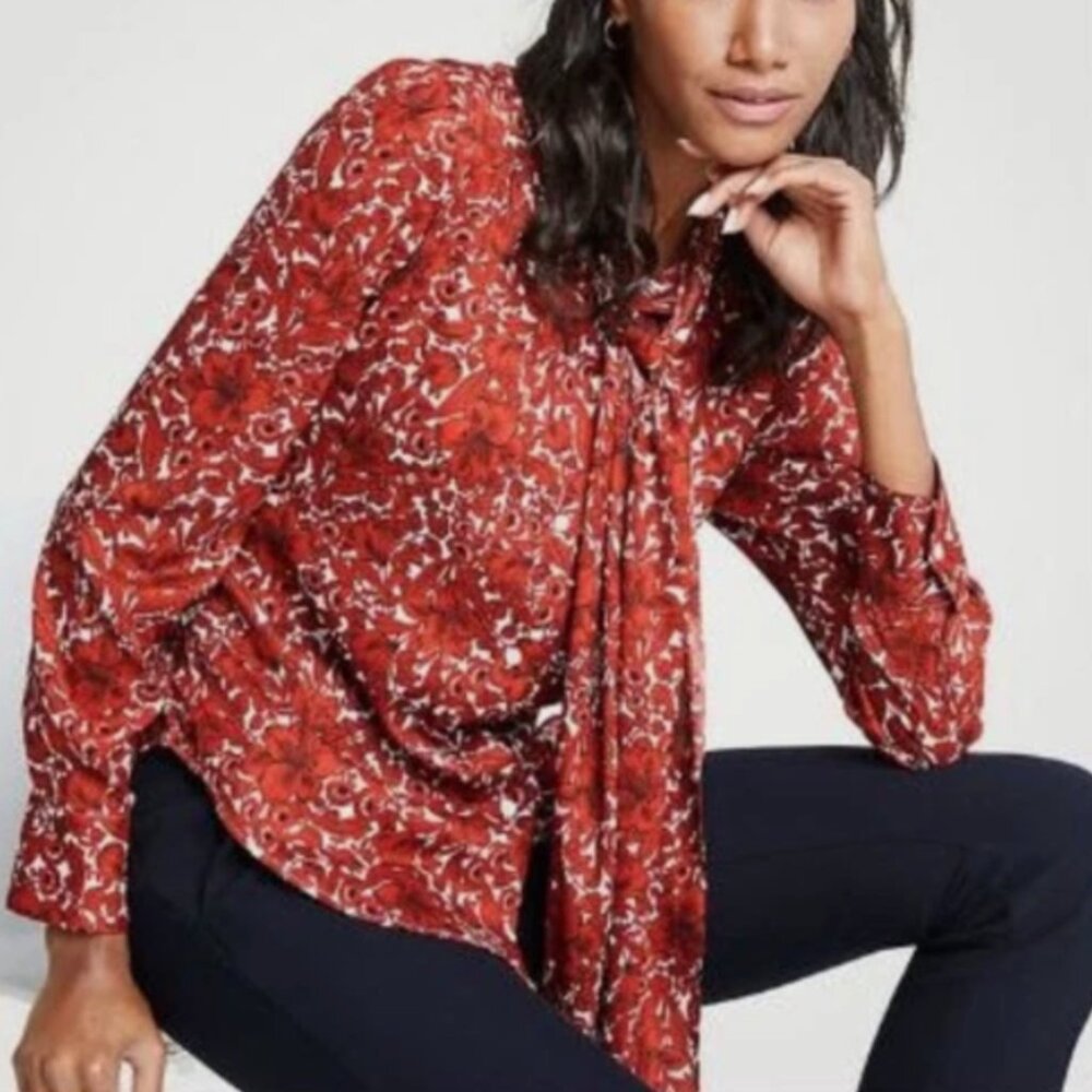 Ann Taylor Women’s‎ M Satin Brown Red Floral Blouse High Tie Neck Career Office